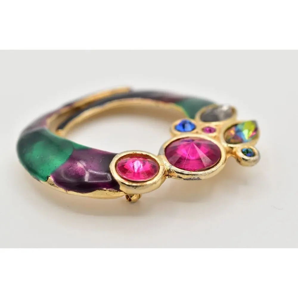 ECD Vintage Crystal Brooch Pin Multi-Color Enamel Gold Chunky 1980s Signed BinBG